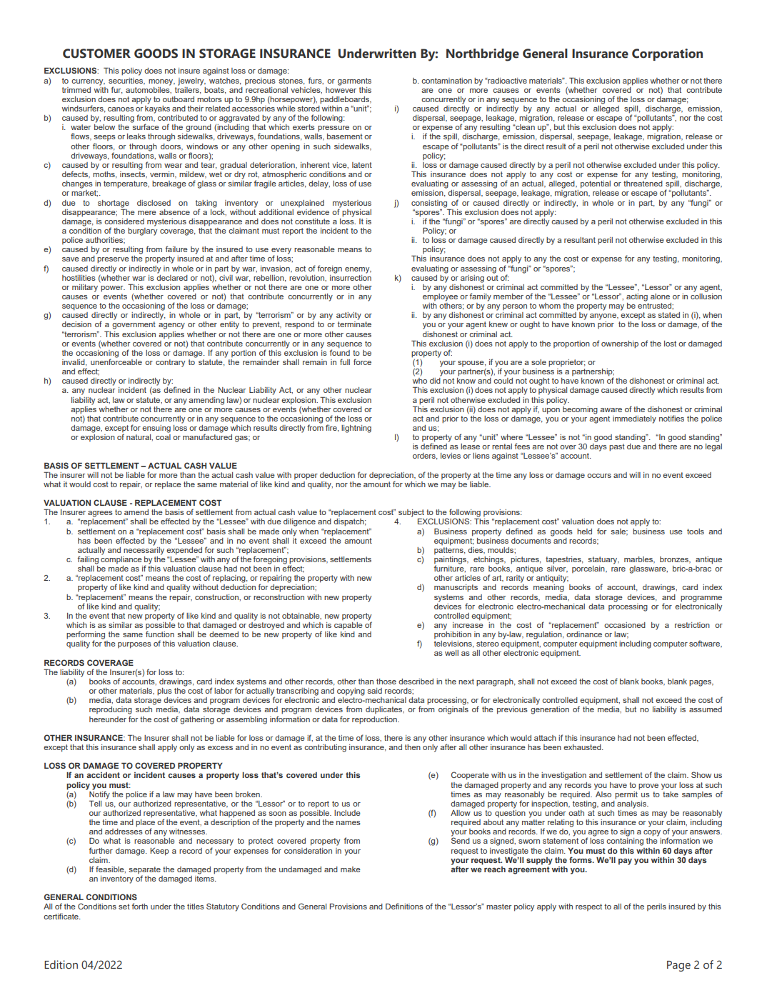 Certificate of Insurance Page 2